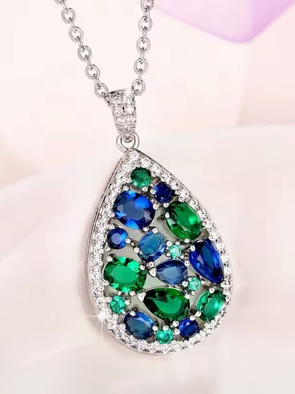 Silver Teardrop Necklace with Blue & Green Stones - Picture 6 of 7